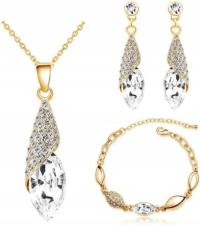 Złoty komplet biżuterii zestaw ślubny złocony białe cyrkonie łezki prezent