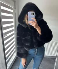 Futro naturalne z lisa w grube pasy kaptur odpinany