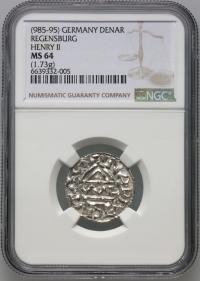 Niemcy, Bawaria, Henryk II Kłótnik 985-995, denar, Regensburg, NGC MS64