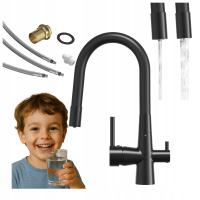 Bateria kuchenna trójdrożna elastyczny kran do filtra wody FLUO czarna