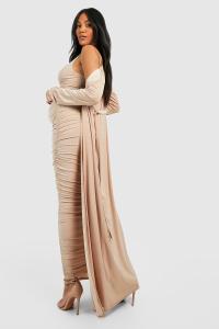 NARZUTKA BEŻOWA GŁADKA DŁUGA KLASYCZNA PROSTA DŁUGI RĘKAW BOOHOO 42