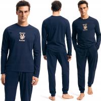 Piżama męska 100% BAWEŁNA Komplet z Długim Rękawem HENDERSON granatowy