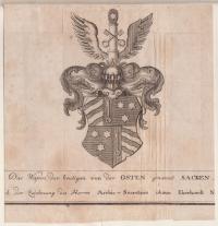 Herb von Osten Sacken miedzioryt Johann Neimbt Hubel Riga Ryga 1766