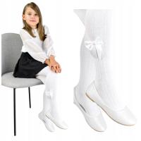 Białe BAWEŁNIANE rajstopy z kokardą rajtuzki dla dziecka prążek rozm 92-98