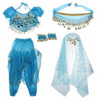 Kids Belly Dance Costume Coin Tassel Top Harem Pant Hip Scarf Set S Blue