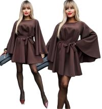 Czekoladowa elegancka SUKIENKA damska rozkloszowany rękaw NIKOLA