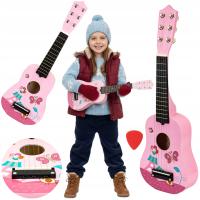 Drewniana Gitara Dla Dzieci Metalowe Struny Kostka Różowa