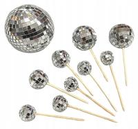 TOPPER KULE KULKI DYSKOTEKOWE SREBRNE tort disco dekoracja pikery lustrzane