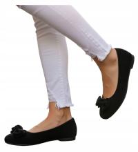 Baleriny damskie z kokardą Czarne buty balerinki zamszowe 18488