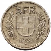 45831. Szwajcaria, 5 franków, 1931r. - Ag (14.85g/31mm)