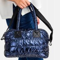 Torebka Torba Damska Pikowana Metaliczna Na Zamek z Paskiem Granatowa