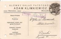 ADAM KLIMKIEWICZ -GŁÓWNY SKŁAD PATEFONÓW -karta firmowa -obieg 1933 rok