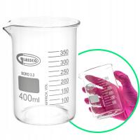 Zlewka laboratoryjna szklana niska 400 ml Boro 3.3 ze skalą polem opisowym