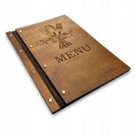 Drewniana karta MENU z grawerem LOGO do restauracji, kawiarnii A4
