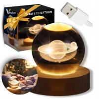 Lampka Nocna Biurkowa LED Szklana Kula Saturn Kosmos 3D
