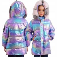 Зимняя куртка для девочек, пуховик с голографическим мехом и капюшоном