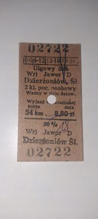 BILET KARTONIKOWY KOLEJOWY PKP JAWOR - DZIERŻONIÓW ŚL. / KĄTY WROCŁAWSKIE