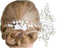 Złoty Grzebyk biały kwiat na ślub ozdoba do włosów