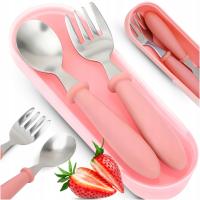 SZTUĆCE DLA DZIECKA DZIECI ZESTAW ZE STALI NIERDZEWNEJ SILIKONOWA RĄCZKA x2