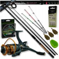 НАБОР ФИДЕРОВ МЕТОД ФИДЕР УДОЧКА РЫБОЛОВНАЯ КАТУШКА КОРЗИНЫ ПОВОДКИ РЫБОЛОВНАЯ ЛЕСКА