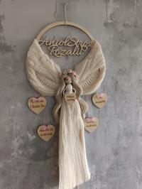 Anioł stróż Pamiątka Chrztu Świętego metryczka makrama prezent na chrzest