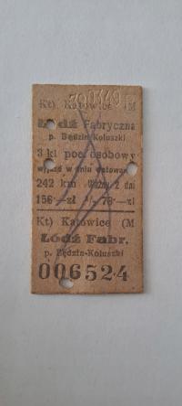 BILET KARTONIKOWY PKP KATOWICE - ŁÓDŹ FABRYCZNA / KOLUSZKI / BĘDZIN 1949