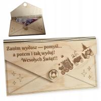DREWNIANA KOPERTA NA PIENIĄDZE PREZENT Święta Mikołaj Z GRAWEREM ŚWIĄTECZNY