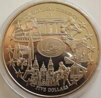 Liberia 5 Dolarów 2001 Nowa waluta Europy - Euro , 40 mm st. UNC-