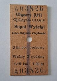 BILET KARTONIKOWY KOLEJOWY PKP GDYNIA GŁÓWNA OS. - SOPOT WYŚCIGI / CHYLONIA