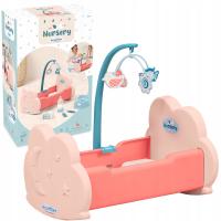 KOŁYSKA DLA LALEK ŁÓŻECZKO Z KARUZELĄ ZESTAW OPIEKI I AKCESORIA 6 EL