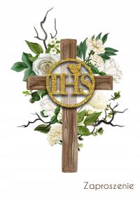 ZAPROSZENIE NA KOMUNIĘ Drewniany Krzyż IHS 10x15