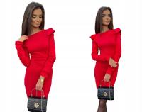 MODNA CZERWONA ołówkowa SUKIENKA FALBANKI na RAMIONACH i RĘKAWACH