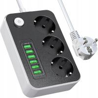 PRZEDŁUŻACZ LISTWA ZASILAJĄCA 3 GNIAZDA+ 6 USB UZIEMIENIE KABEL ZASILAJĄCY