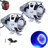 Halogeny motocyklowe RING LED lampy reflektory U7 SREBNRE NIEBIESKIE RINGI