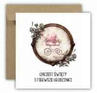 Kartka na chrzest i roczek 1 urodziny dla dziewczynki wózek Z ŻYCZENIAMI