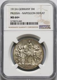 Niemcy, Prusy, Wilhelm II, 3 marki 1913 A, 100-lecie Bitwy, NGC MS64+