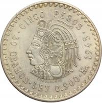 5 PESO MEKSYK 1948 INDIANIN CUAUHTEMOC AZTEK STAN 1