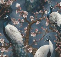 TAPETA NA FLIZELINIE PEACOCK ORIENTALNE PTAKI PAWIE KWIATY WIŚNI 10414-08