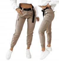 Женские тканевые брюки-карго с поясом бежевые эластичные различные брюки-карго.