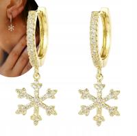 Kolczyki złote wiszące koła śnieżynki cyrkonie kryształki stal świąteczne