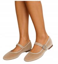 Baleriny damskie z paskiem Beżowe zamszowe balerinki z paskiem 17933