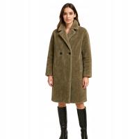 Płaszcz damski brązowy teddy dwurzędowy jesień zima L kieszenie