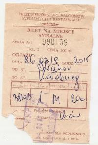 BILET KOLEJOWY -KRAKÓW KOŁOBRZEG -bilet na miejsce sypialne -1986 rok