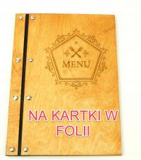 Karta menu drewniana okładka, jadłospis Premium A4 z twoim LOGO - NA FOLIE