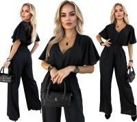 Elegancki KOMBINEZON DAMSKI rękaw motylek falbana szeroka nogawka ALDONA