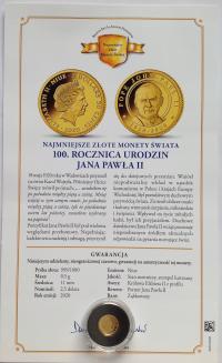 Niue 2,5 dolara 2020 Jan Paweł II waga 0,5 gr złoto 999 UNC