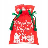 Worek PREZENTOWY czerwony WESOŁYCH ŚWIĄT świąteczny ZAPRZĘG MIKOŁAJA 30x45