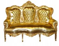 Złota Sofa w Stylu Barokowym Tapicerka Skóra