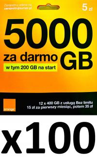 100 x STARTER ORANGE 5Pln 5000GB 200GB na start Vat 23% HURT PROMO
