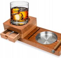 TACA DREWNIANA Z UCHWYTEM NA CYGARA I PODSTAWKĄ WHISKY SZUFLADA
